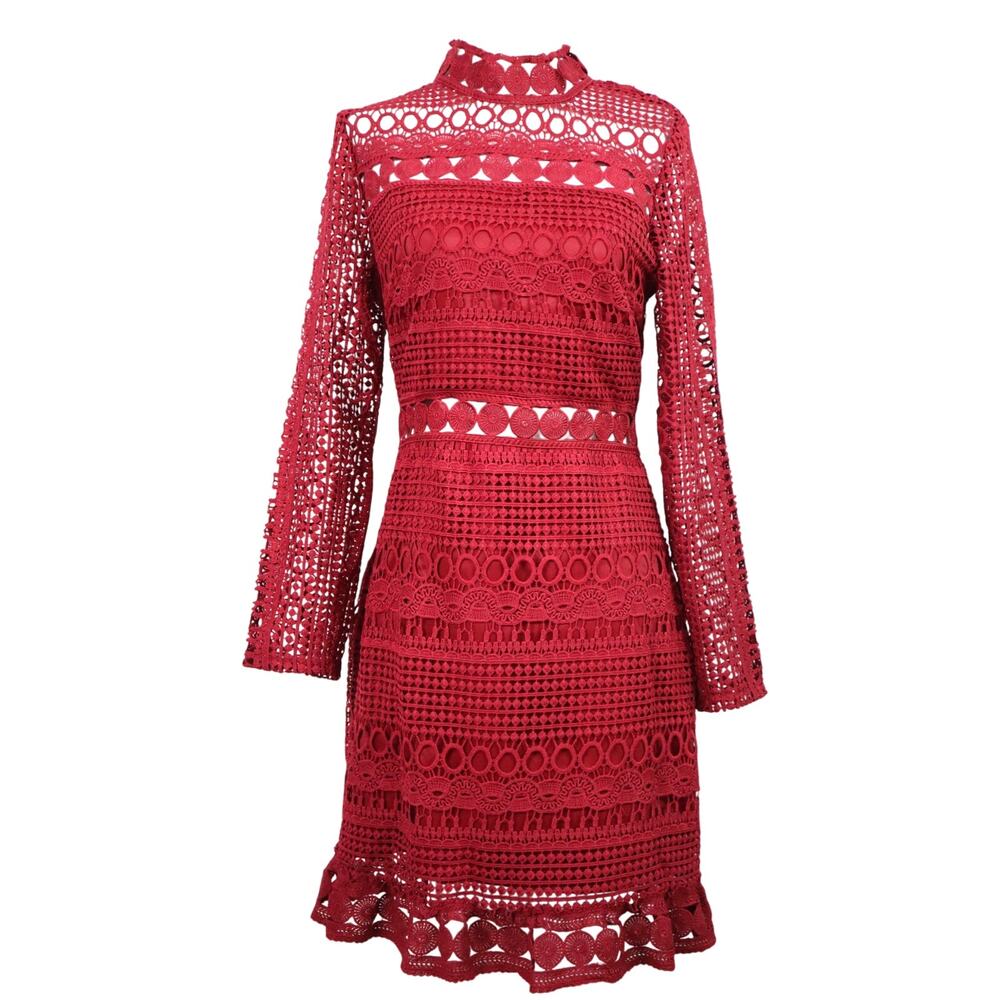 Two Sisters Oxblood Red Crochet Lace Mini Dress Ruffle Hem High Neck Summer 6